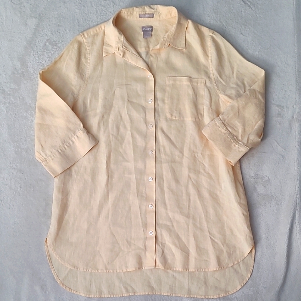 Chicos Linen Tunic Top US 12 14 Beige Coastal Grandmother Resort Wear 3/4 Sleeve
